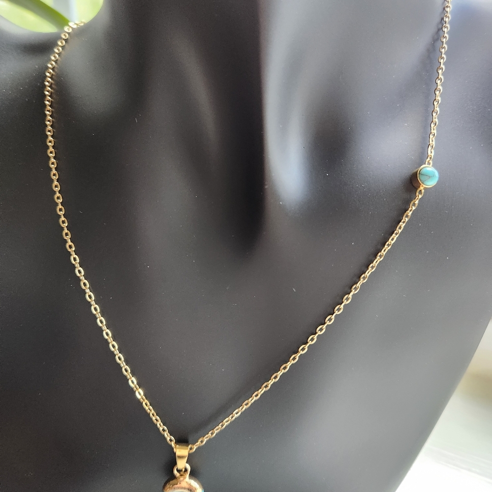 New Boho Turquoise Circle Pendant Necklace | Dainty Gold Station Chain - Picture 3 of 3